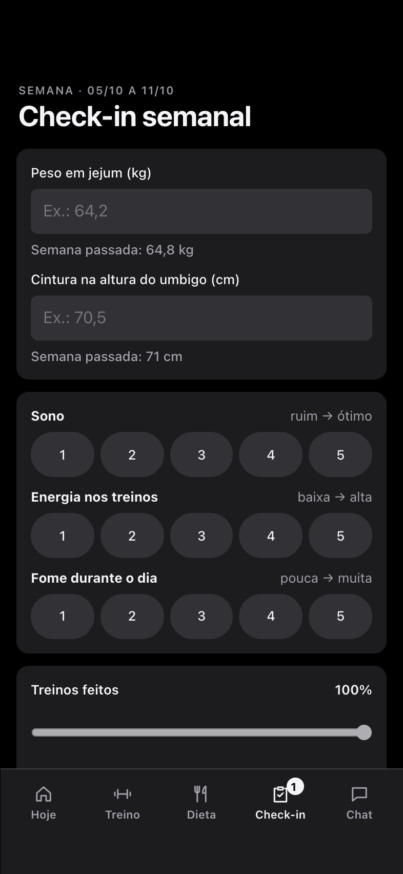App do aluno: check-in semanal com peso, cintura, sono, energia e fome.