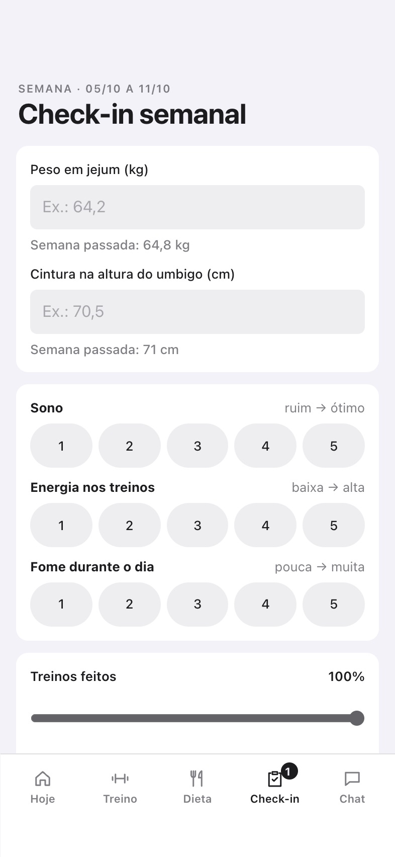 App do aluno: check-in semanal com peso, cintura, sono, energia e fome.
