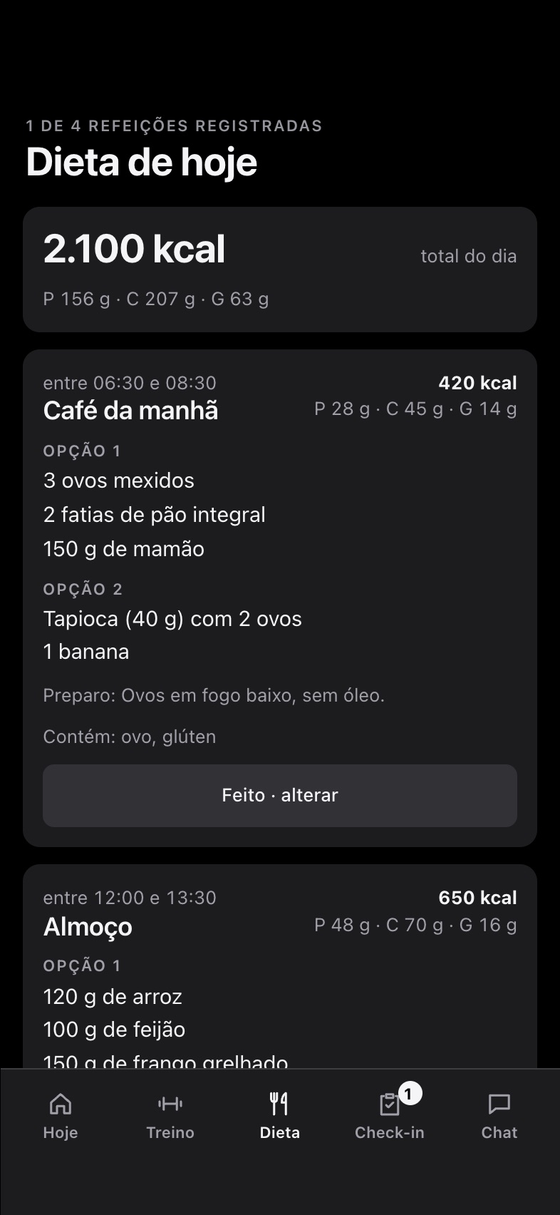 Dieta: refeições do dia com horário e alimentos.