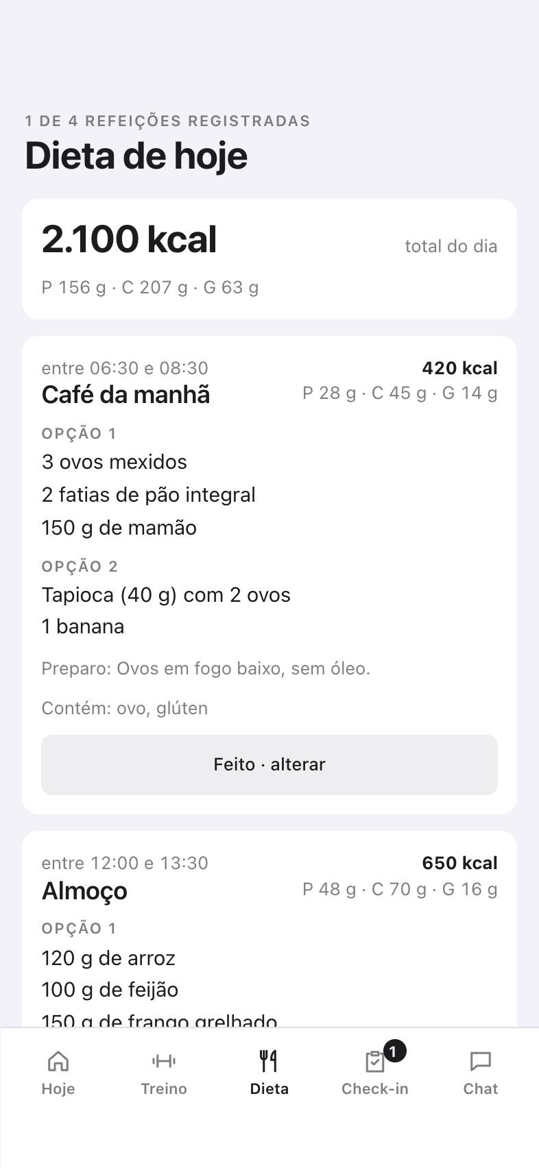 Dieta: refeições do dia com horário e alimentos.