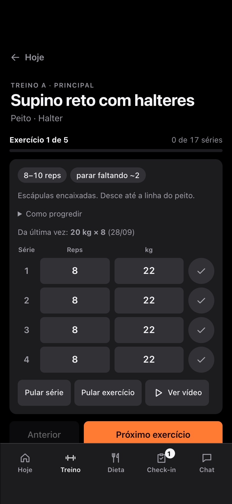 Treinar agora: séries com repetições e carga, e o que fez da última vez.