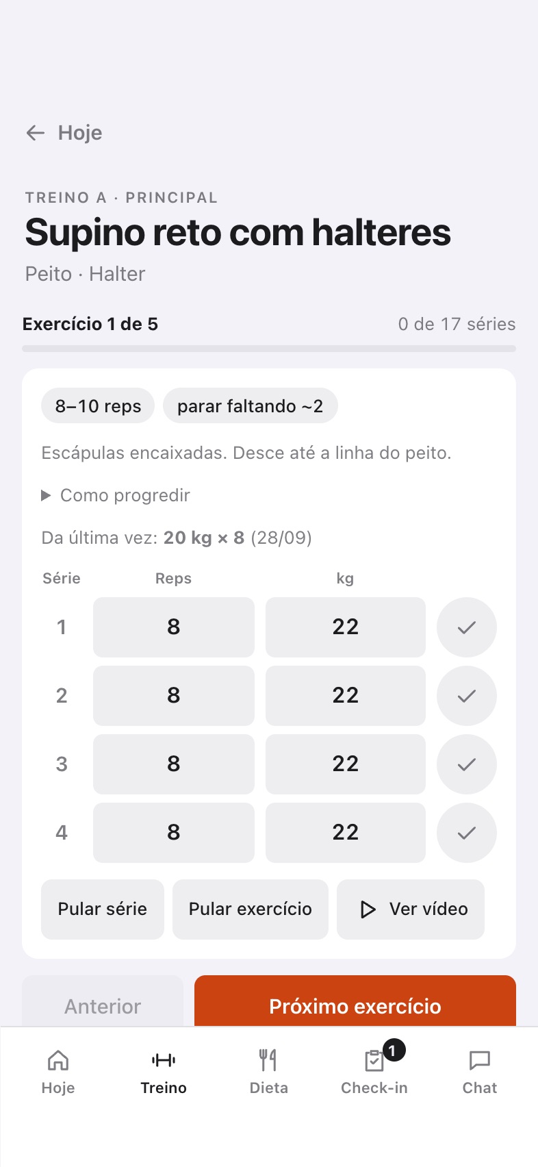 Treinar agora: séries com repetições e carga, e o que fez da última vez.
