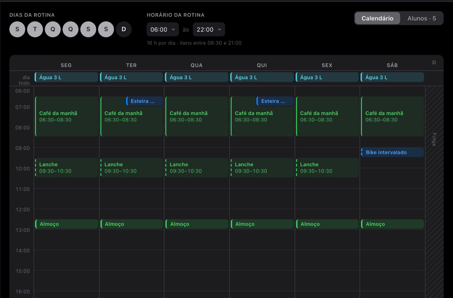 Rotina em calendário semanal com água, refeições, cardio e treinos.