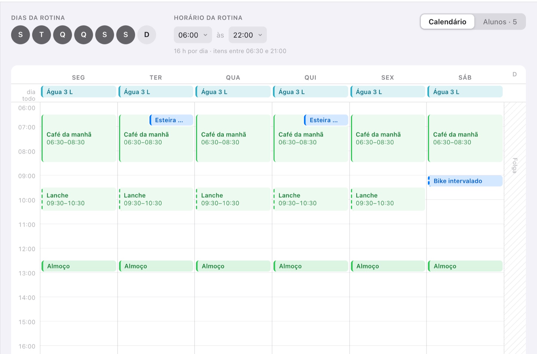 Rotina em calendário semanal com água, refeições, cardio e treinos.