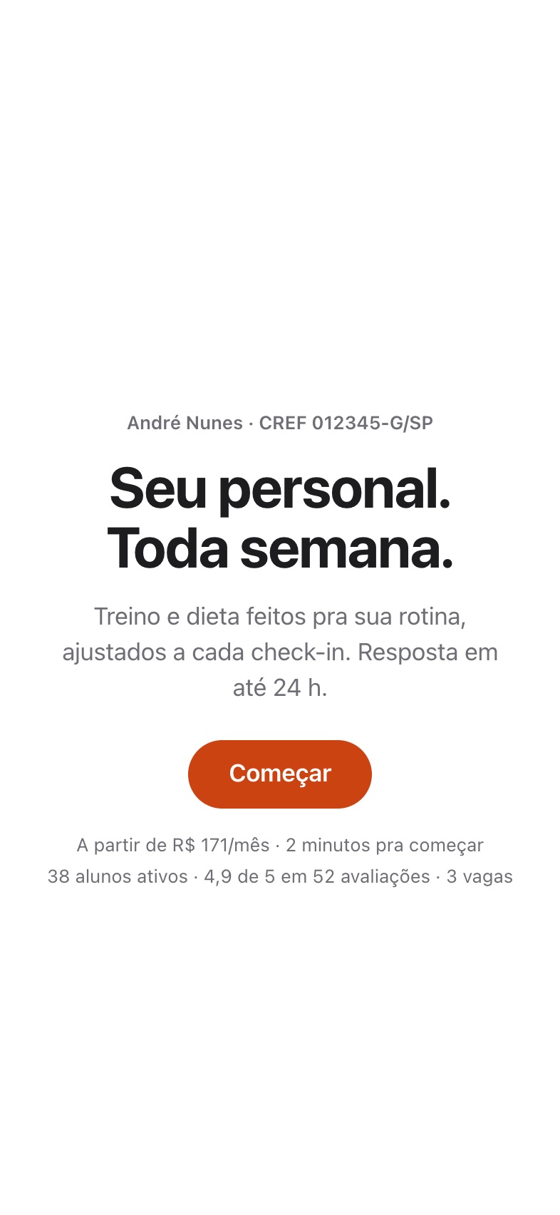Página de venda: abertura com o nome do treinador, a promessa e o botão Começar.